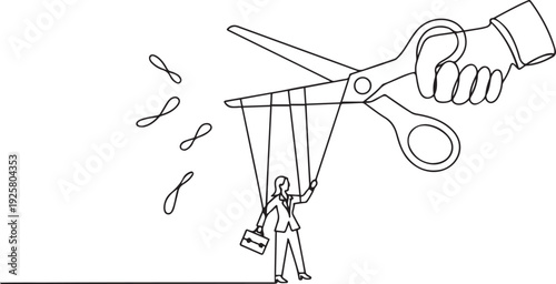 Cartoon of giant hand with scissors cutting the strings attached to businesswoman. Metaphor for freedom, independent, liberation. one line art icon drawing vector