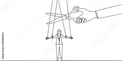 Cartoon of giant hand with scissors cutting the strings attached to businesswoman. Metaphor for freedom, independent, liberation. one line art icon drawing vector
