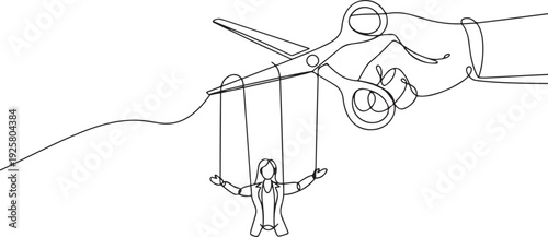 Cartoon of giant hand with scissors cutting the strings attached to businesswoman. Metaphor for freedom, independent, liberation. one line art icon drawing vector