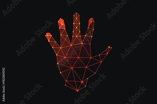 Dynamic representation of a human hand rendered in a vibrant, glowing low poly mesh network, symbolizing connectivity and technology in a modern digital era