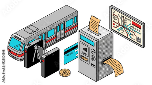 Isometric urban transport: tram, ticket machine, and route map in modern cityscape