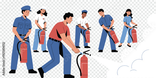 Team Using Fire Extinguishers in Training Isolated on Transparent Background Safety Training Concept