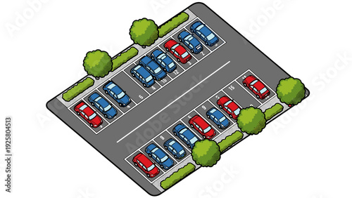Isometric parking lot with cars and trees in a detailed urban setting