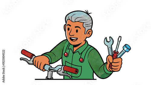 Mechanic fixing handlebars with tools - cartoon art style