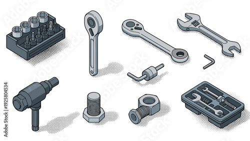Isometric tool set with wrench and socket kit for mechanical use