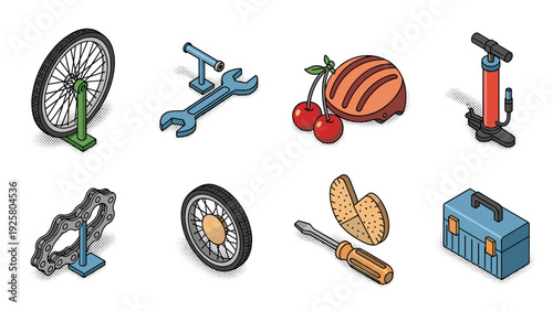 Bicycle repair tools and accessories in isometric design for cycling enthusiasts