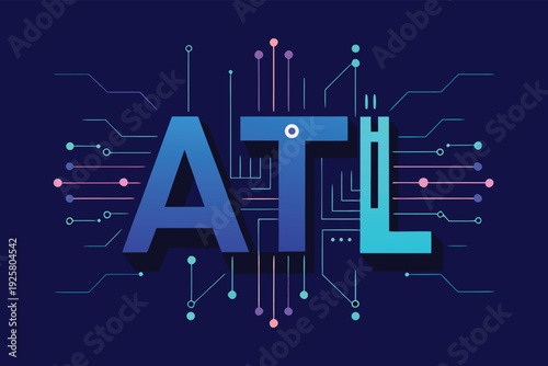 Digital illustration featuring stylized 'ATL' text intertwined with a glowing circuit board network, symbolizing advanced technology and global data connectivity