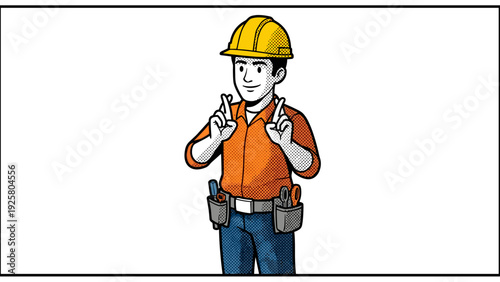 Pop art construction worker in hard hat with tools and crossed fingers gesture