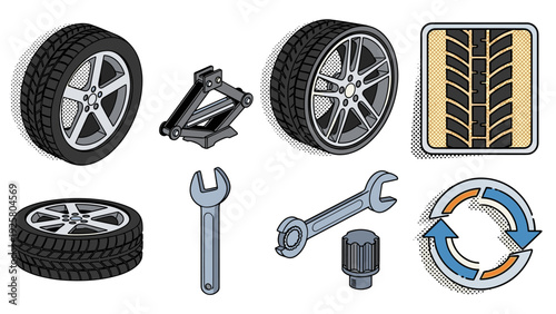 Automobile maintenance icons: wheels, tools, and parts in comic style