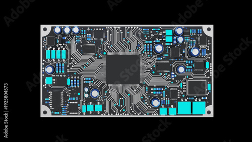 Complex circuit board design with blue accents on black background