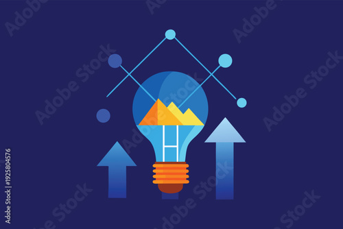 Futuristic lightbulb design symbolizing innovation, strategic business growth, and technological progress. Upward trends and data connections represent creative solutions and success