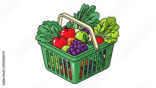 Colorful shopping basket overflowing with fresh fruits and vegetables in pop art style