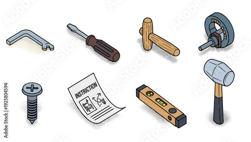 Isometric tools set with screwdriver, hammer, and instruction manual on white background