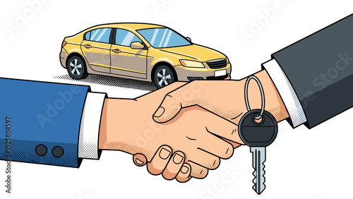 Business deal handshake with car key and yellow sedan in background
