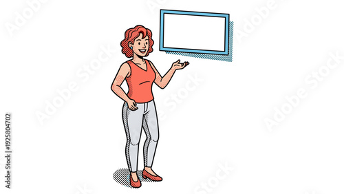 Cartoon woman presenting blank screen with confident gesture