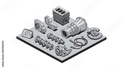 Isometric mechanical parts set with engine elements and components