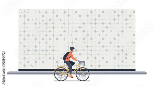 Man cycling in urban area with geometric wall background in flat design