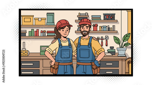 Cartoon illustration of two smiling handymen in overalls and red caps in a workshop