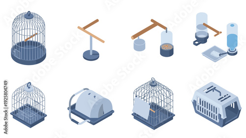 Isometric pet bird supplies collection with cages and feeders