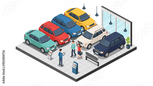 Isometric car showroom with diverse vehicles and sales interaction