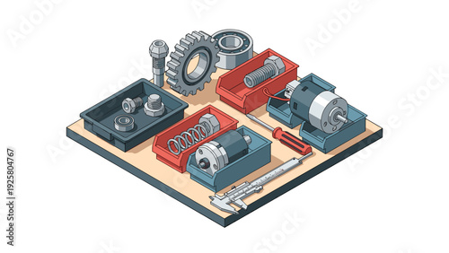 Isometric mechanical parts and tools on wooden surface