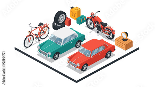 Retro vehicles collection with classic cars, vintage bicycle, and motorcycle in garage scene