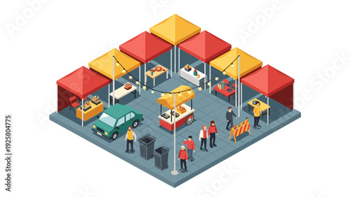Isometric street market scene with colorful stalls and people