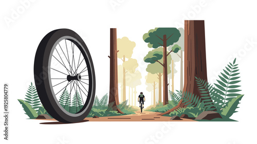Forest cycling adventure with bicycle wheel and rider in scenic nature landscape