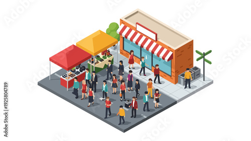 Isometric street market scene with crowds and stalls in urban setting