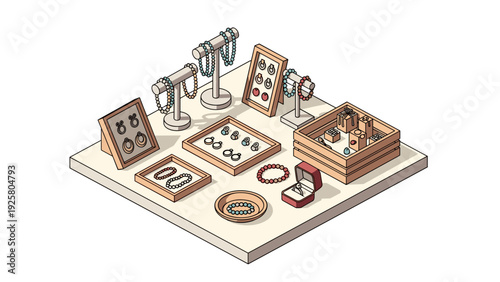 Elegant jewelry display with earrings, necklaces, and rings in isometric style