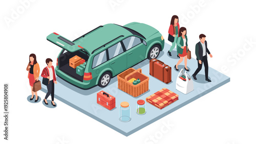 Isometric family road trip scene with luggage and car preparing for vacation journey