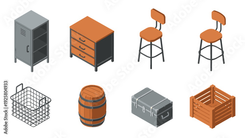 Isometric industrial furniture and objects collection