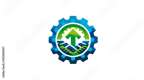 A technical emblem shows a detailed gear around a circle with an upward-pointing arrow