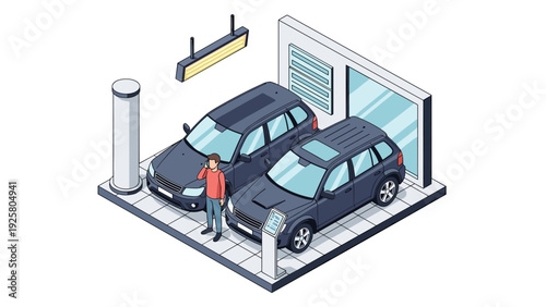 Isometric car dealership scene with two cars and customer interaction