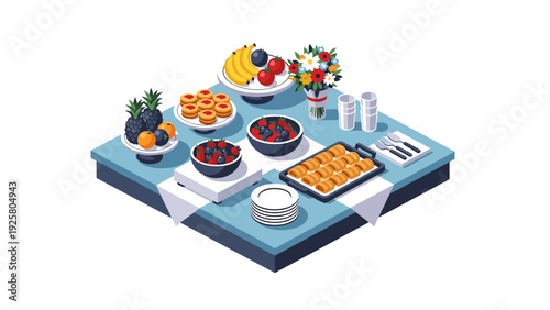 Colorful buffet table with fruit, pastries, and flowers in isometric style