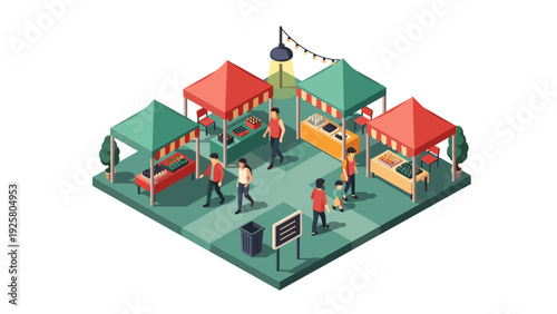 Isometric outdoor market scene with colorful stalls and shoppers