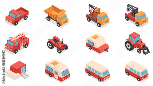 Isometric set of red and yellow vehicles including trucks, fire engine, tractor, and camper
