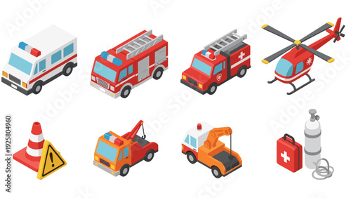 Isometric emergency vehicles and icons collection for rescue themes