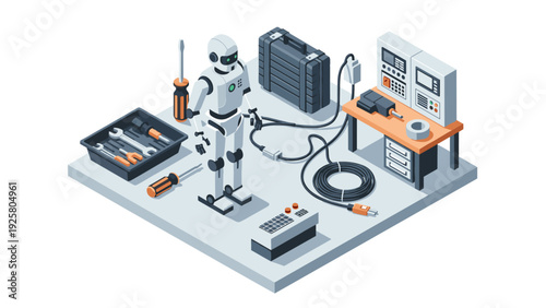 Futuristic robot assembly station with tools and control panels in isometric design