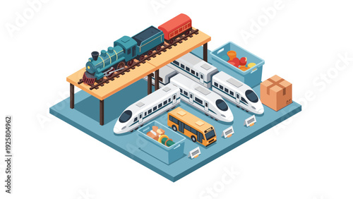 Isometric transportation hub featuring trains, buses, and logistics elements