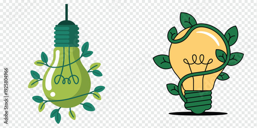 Eco Friendly Lightbulb with Green Leaves Isolated on Transparent Background Sustainable Energy Concept