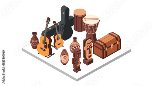 Isometric musical instruments and tribal art objects on display platform