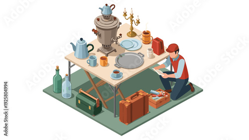 Antiques collector organizing vintage items on table in isometric style