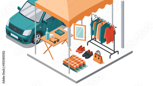 Urban garage sale isometric scene with clothes, accessories, and car under tent