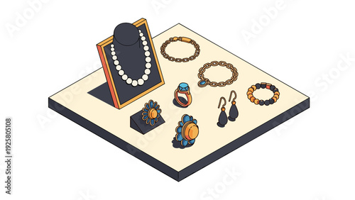 Isometric jewelry display featuring necklaces, rings, and earrings on a platform