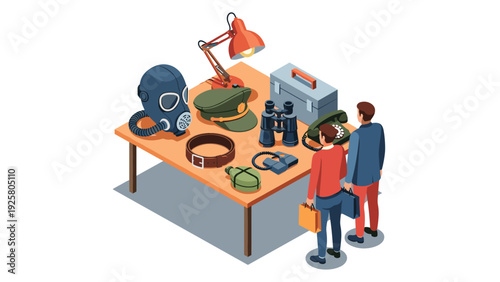 Shopping for military surplus gear with two buyers in isometric style
