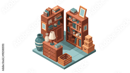Cozy isometric interior with bookshelves and decorative elements