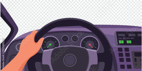 Hand Gripping Steering Wheel in Modern Car Interior Isolated on Transparent Background Driving Control Concept