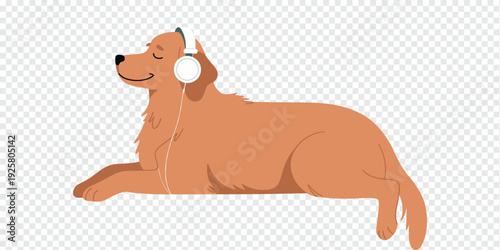 Relaxed Dog Wearing Headphones Isolated on Transparent Background Pet Lifestyle Concept