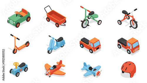 Isometric toy vehicles and accessories set for children’s playtime